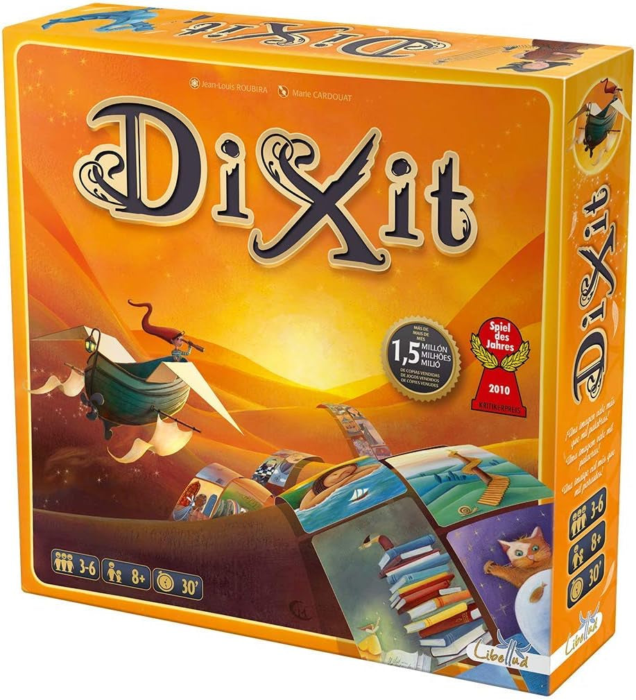 Asmodee, Dixit, wersja niemiecka, gra podstawowa, obraz wart tysiąca słów, kreatywna gra rodzinna dla 3–8 graczy w wieku 8+, gra roku 2010 z 30-minutowym czasem gry