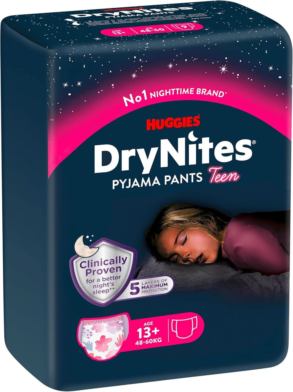 Pieluszki nocne Huggies Drynites dla dziewczynki od 13 do około 17 lat (48-60 kg), 27 sztuk (3X9), pakiet miesięczny Matka i Dziecko Naty Shop