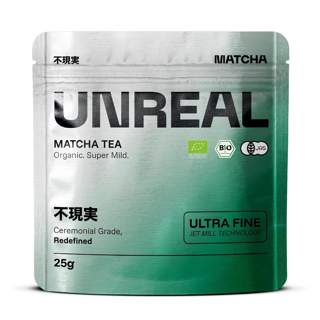 UNREAL® Ceremonial Bio Matcha – Ceai verde ceremonial 100% japonez – Calitate premium din Shizuoka – Pentru ceai, latte și smoothie-uri – Măcinat foarte fin pentru o cremozitate maximă – 25 g
