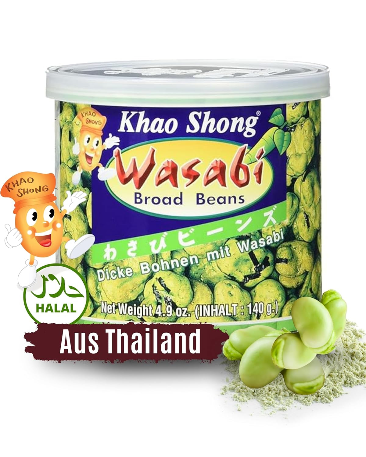 Khao Shong Smażony zielony groszek z wasabi, chrupiący groszek w pikantnej panierce, niskotłuszczowa alternatywa dla orzechów, średnio ostry, puszka 1 140 g | 140 g (1 opakowanie)