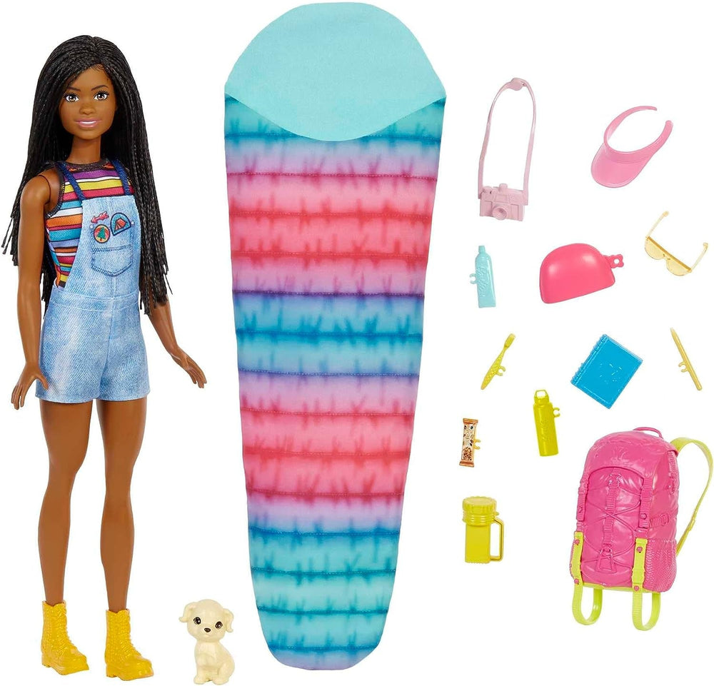 Barbie Camping Series, păpușă 1X cu păr blond, rucsac de drumeție, echipament de exterior, binoclu, hartă, cățel, accesorii, cadou pentru copii, jucărie de la 3 ani,Hdf73 Papusi Naty Shop Singur Brooklyn