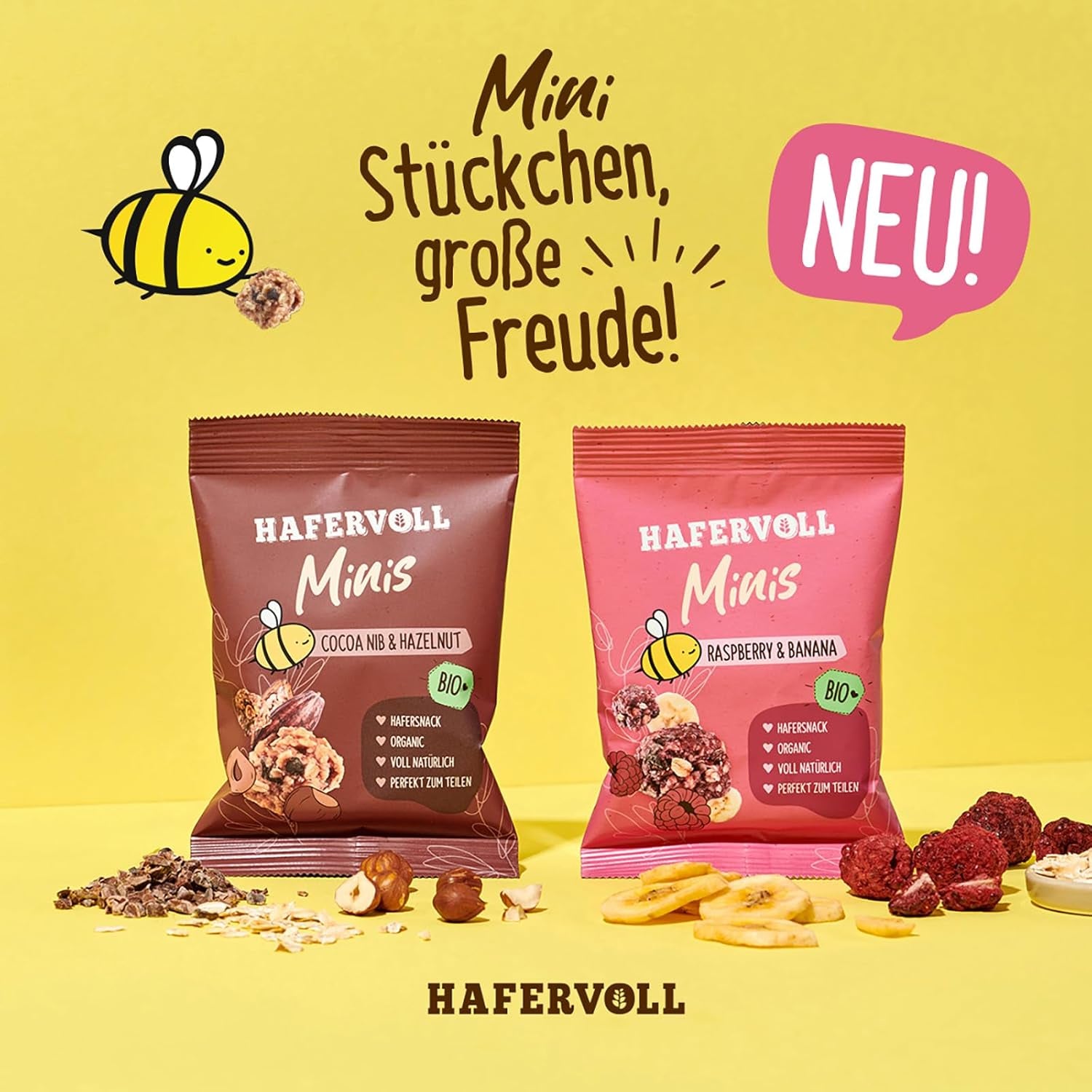 HAFERVOLL Minis Rzepak i Banan 8x 65g - Certyfikowane organiczne, z miodem, bez dodatku cukru, idealne do dzielenia się