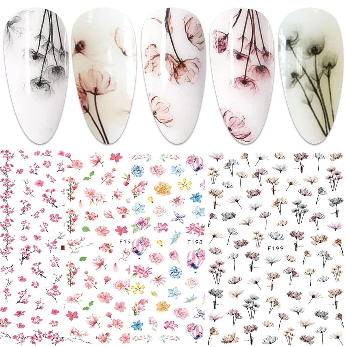 JMEOWIO Nagelsticker Frühling Blume 9 Blatt Nagelaufkleber Selbstklebend Rosa Blüte Nail Art Sticker Dekoration Nageldesign Zubehör
