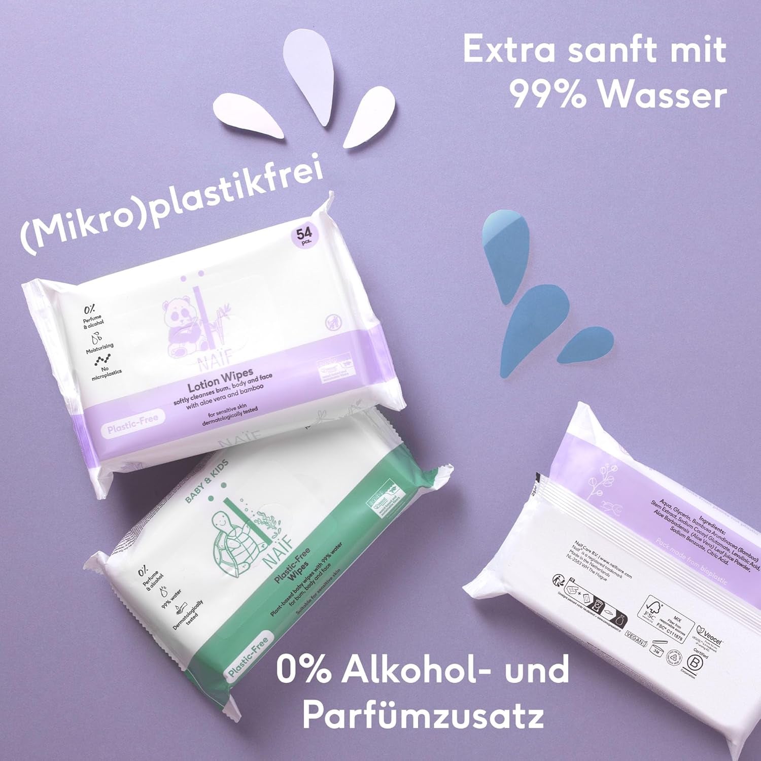Naïf - Chusteczki nawilżane bez plastiku - 162 sztuki (3 opakowania po 54 chusteczki w każdym) - Pielęgnacja pupy, ciała i twarzy dziecka - 99% wody - 0% substancji zapachowych i alkoholu