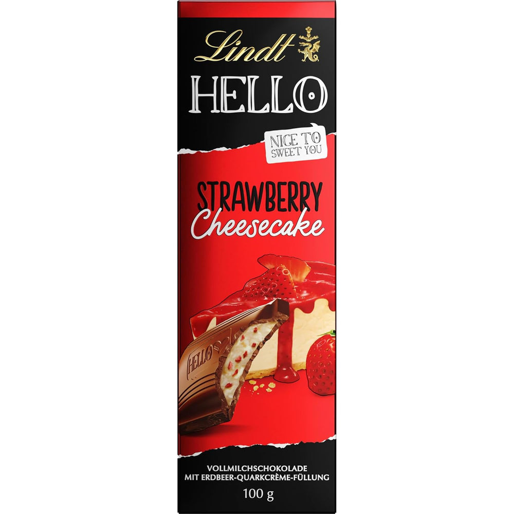 Lindt HELLO Truskawkowy Sernik Czekoladowy | Batonik 100g | Czekolada mleczna z nadzieniem kremowym z twarogu truskawkowego | Tabliczka czekolady | Czekoladowy prezent