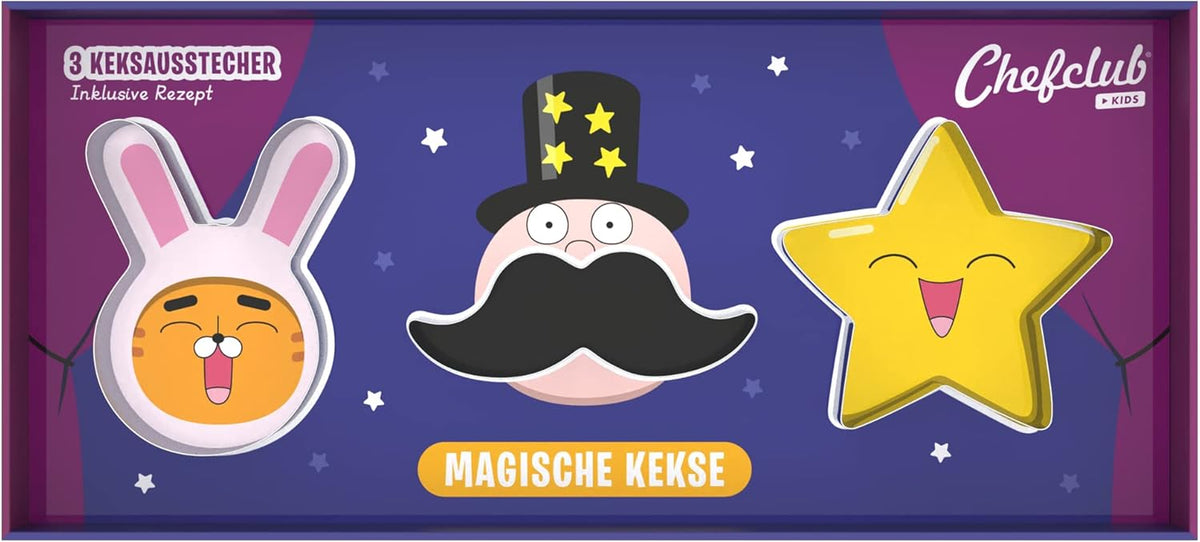 CHEFCLUB, Forme de biscuiți magice pentru fursecuri, Forme de biscuiți cu modele imaginative, Set de 3 forme de biscuiți metalice, inclusiv rețetă, Vârste 4+