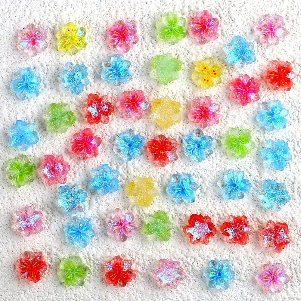 50Pcs 3D Blume Nagel Charms Nägel Zubehör Nageldesign Glitzersteine Nailart Strasssteine Flower Nail Charms Luminous Flower Nail Art Charms Bunte Blumen Deko Nagel Steinchen Flowers Nail Rhinestones