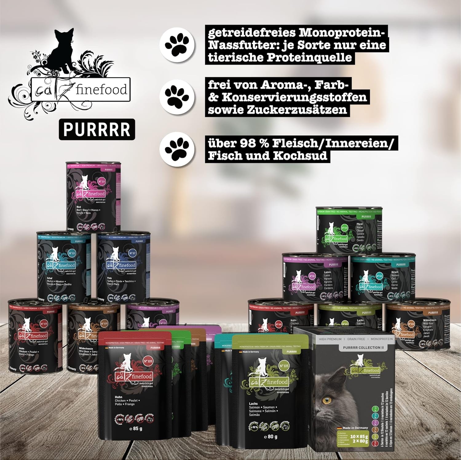 Catz Finefood Purrrr Collection I - Hrană umedă monoproteinică pentru pisici - fără cereale, fără zahăr, hipoalergenică - conținut ridicat de carne - Hrană umedă pentru pisici multipack - în pliculețe, 85 g (12 pachete)