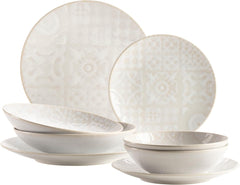 MÄSER 935079 Set de veselă vintage modern pentru 2 persoane, design maur, serviciu de masă cu 8 piese, farfurii și boluri din ceramică de înaltă calitate, gresie, alb