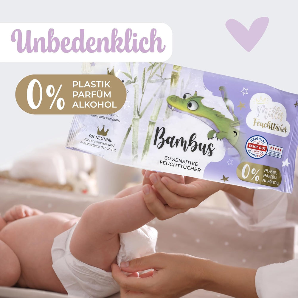 Millis Bamboo Baby Sensitive chusteczki nawilżane do delikatnej skóry dziecka - 5 x 60 sztuk - Naturalne, delikatne i zrównoważone czyszczenie - Biodegradowalne chusteczki dla niemowląt, bez plastiku i alkoholu