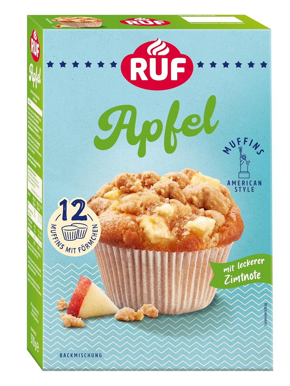 RUF Sernik-Muffiny Backmischung, Babeczki w stylu amerykańskim Mit Cremiger Füllung, Einfache Zubereitung, 12 Muffin-Förmchen Inklusive Naty Shop Apfel 370 G (opakowanie 1Er)