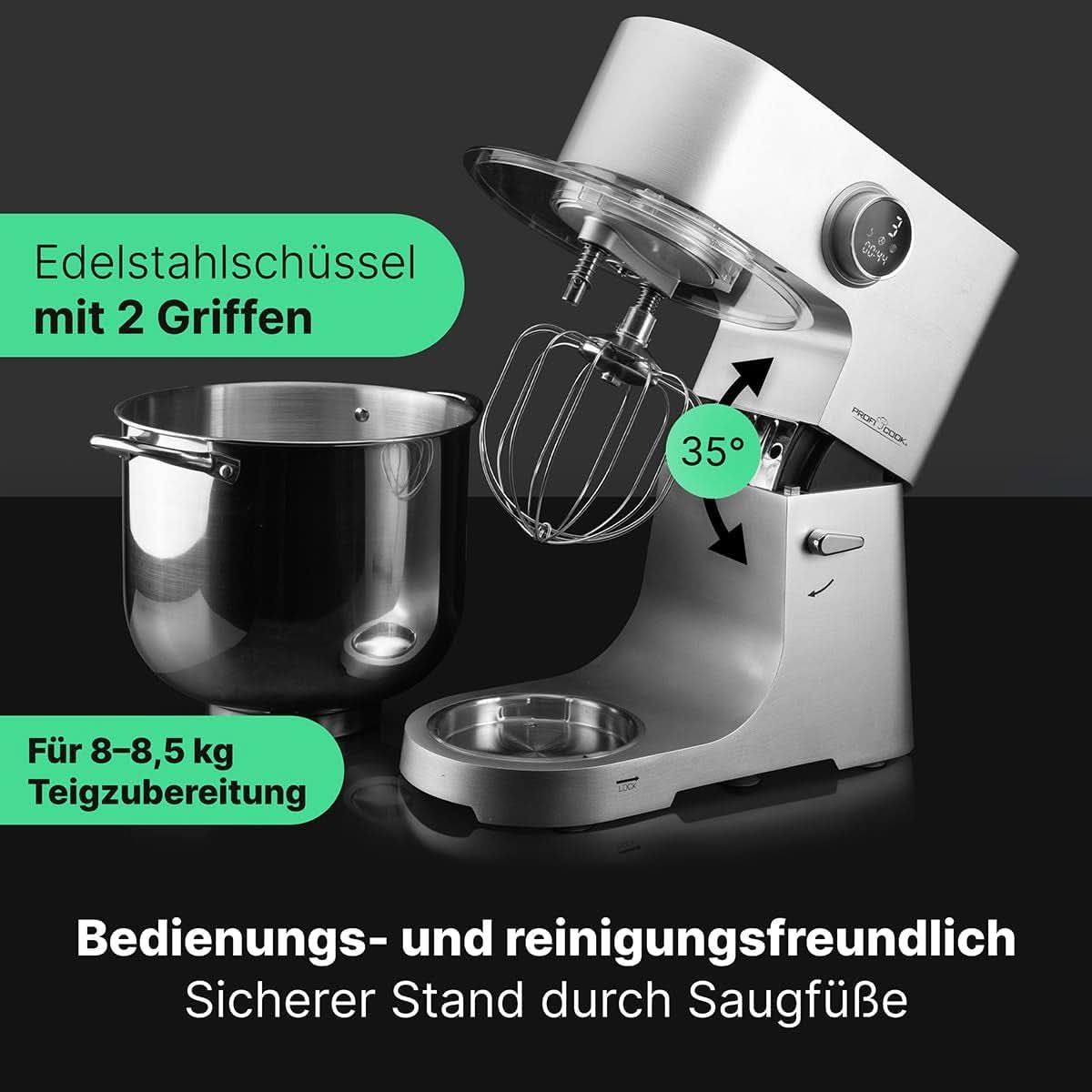 Proficook® Küchenmaschine Mit XXL 12L Schüssel | Silnik Knetmaschine Mit 2500W Longlife-Profi | Metallgetriebe i wyświetlacz LED | Robot kuchenny Für Bis Zu 8,5 kg ciasta | 13 prędkości | PC KM 1254 Sklep Naty dla Matki i Dziecka