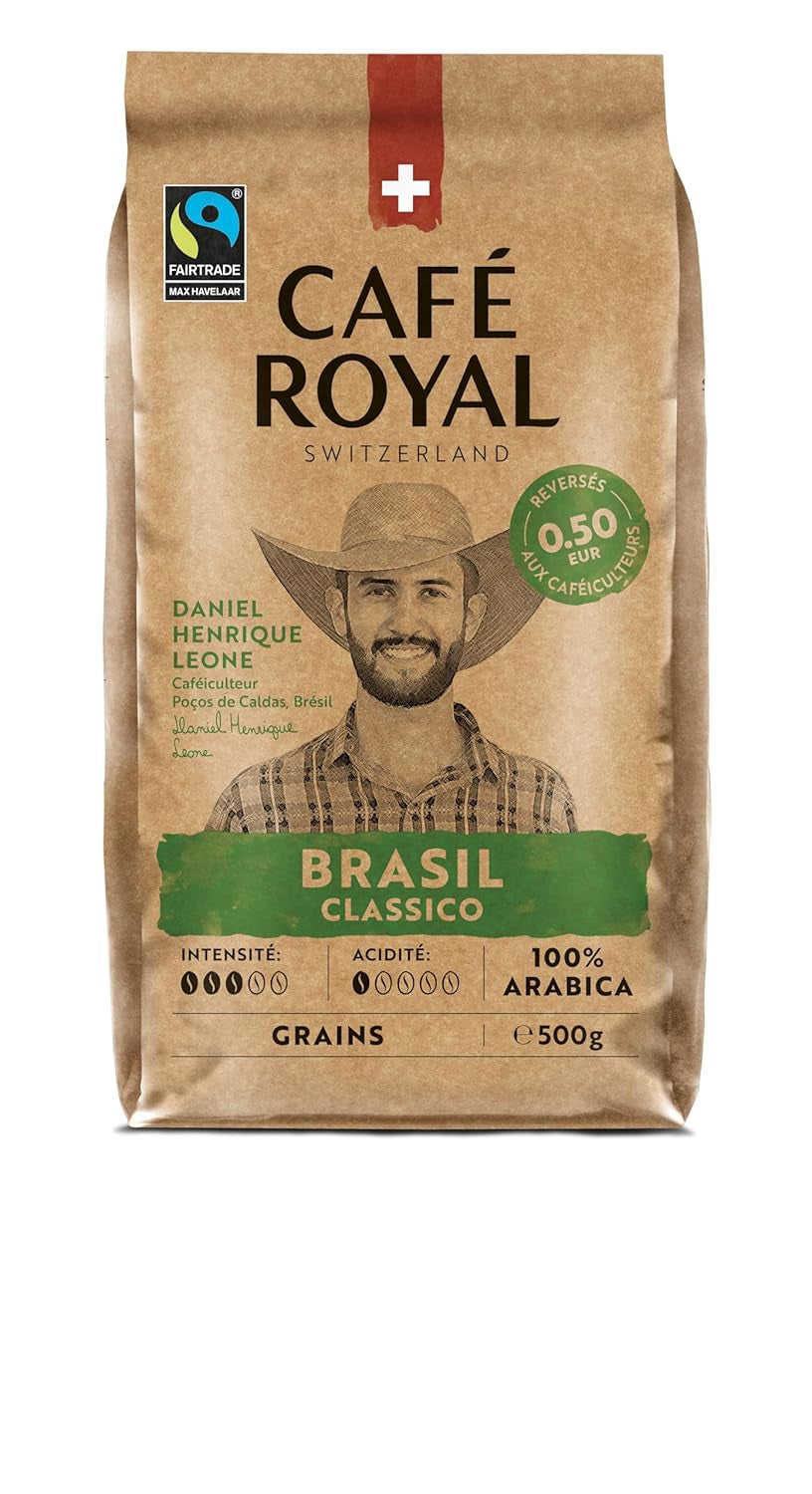 Café Royal Crema Classico Brasil – boabe de cafea 100% Arabica, echilibrate și aromate, prăjire medie, tărie 3/5, Fairtrade, 500g boabe întregi (pachet de 2)