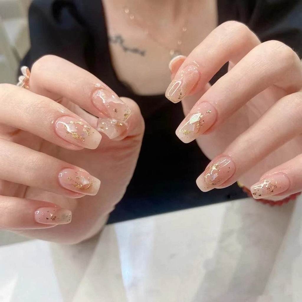 24 buc unghii false pătrate, culoare nud, franceze, scurte, acoperire completă, unghii false, presare pe unghii pentru femei și fete