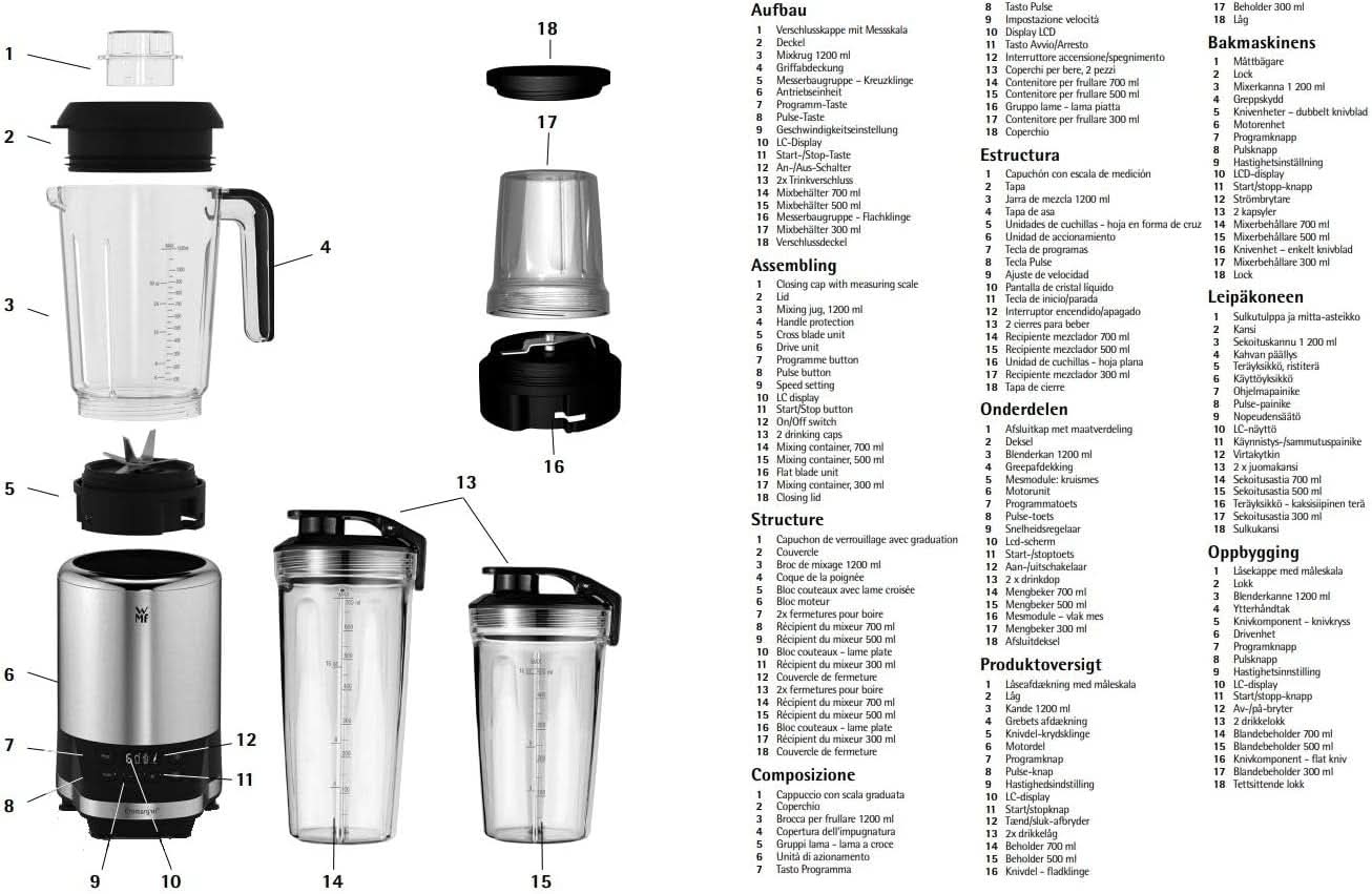 WMF Kult Pro Multifunktionsmixer Hochleistungsmixer, 30 000 U/Min, Smoothie Maker, Mikser stojący, Funkcja kruszenia lodu, 4 Mixbehälter Inkl. Togo-Verschluss Kitchen Naty Shop