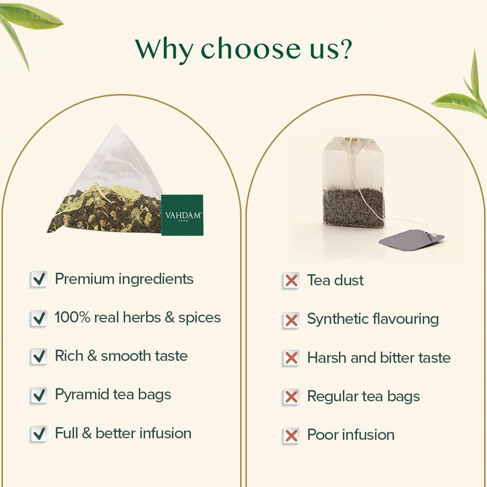 VAHDAM Ceai Chai Masala cu cardamom | 100 pliculețe piramidale | Ceai negru indian cu cardamom măcinat | Amestec original Chai cu cardamom din India | 100% natural