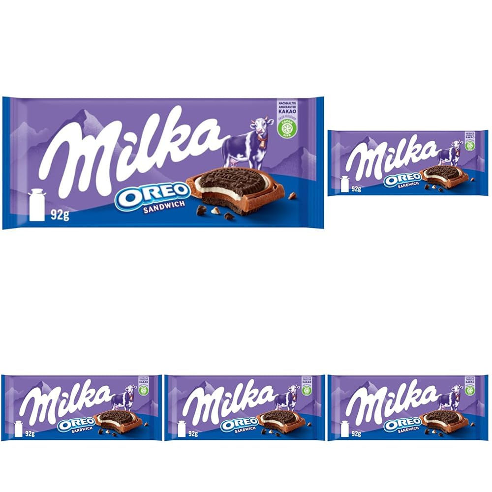Milka Oreo Sandwich – Alpejska czekolada mleczna wypełniona chrupiącymi kawałkami ciasteczek Oreo i gładkim kremem waniliowym – 92g
