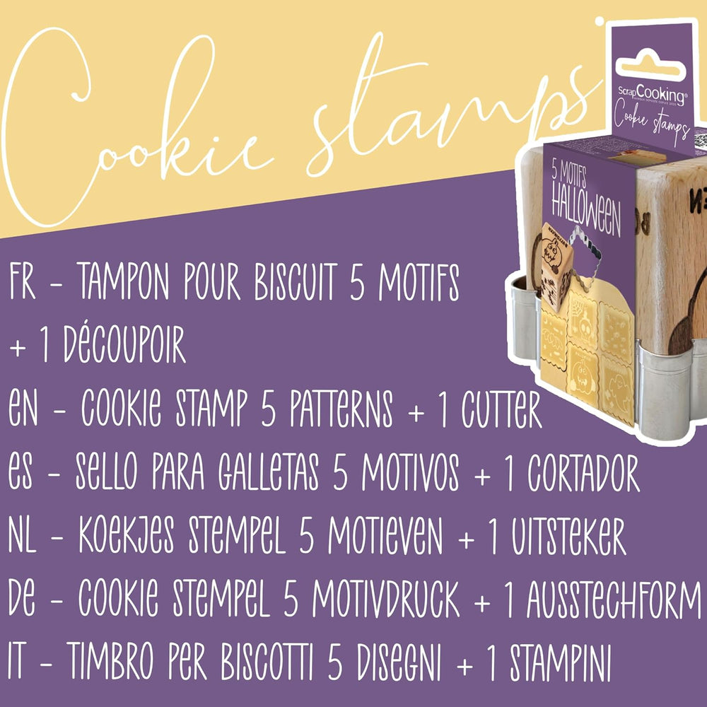 ScrapCooking – Gebäckstempel aus Holz mit Halloween-Mustern – mit 1 Keksausstecher und Würfelausstecher mit 5 erhabenen eingravierten Gesichtern – 5298