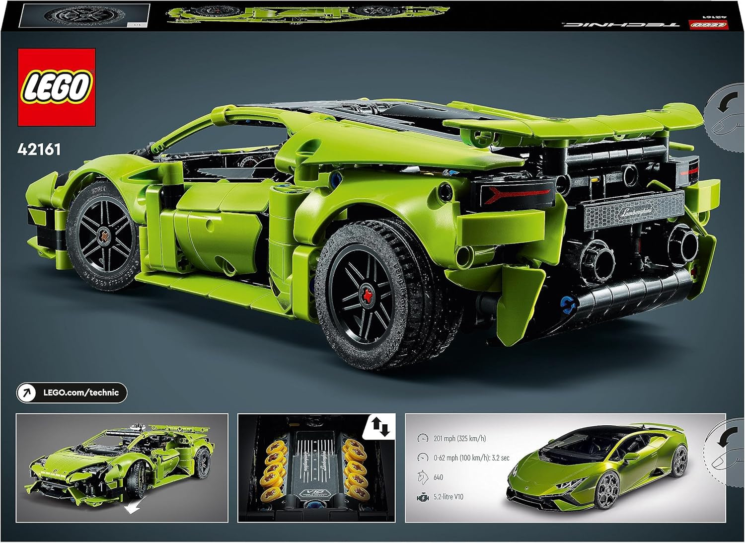 LEGO 42161 Technic Lamborghini Huracán Tecnica Zabawkowy model samochodu Zestaw do budowania samochodów wyścigowych dla dzieci Chłopcy Dziewczęta Kolekcja dla fanów sportów motorowych Zestawy upominkowe do budowania Besuche den LEGO-Store