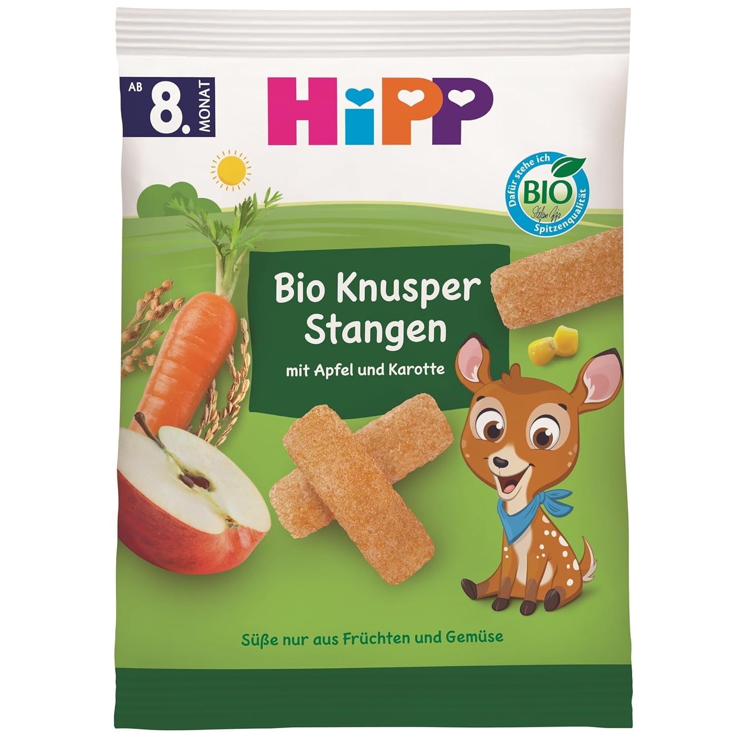 HiPP Bio Knusper Stangen Apple Karotte (7 x 30 g), Babysnack ab 8. Monat, Süße nur aus Früchten und Gemüse, glutenfrei, w najlepszej jakości biologicznej