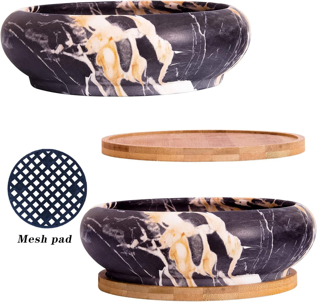 Ghivece mari pentru plante suculente cu farfurioare din bambus, jardiniere ceramice pentru cactus de 18,5 cm, ghivece rotunde pentru flori, recipiente pentru bonsai pentru grădină, birou, decorare birou