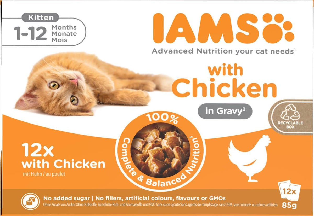 IAMS Delights Kitten Nassfutter - Multipack Katzenfutter mit Huhn in Sauce, hochwertiges Futter für Junior Kätzchen von 1-12 Monate, 12 x 85 g