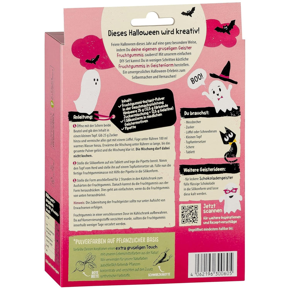 HEITMANN KREATIV - Set creativ de gumă de mestecat cu fructe de Halloween - Coloranți pudră pe bază de plante - Roz - Gume de mestecat cu fructe DIY în formă de fantomă și aromă de zmeură