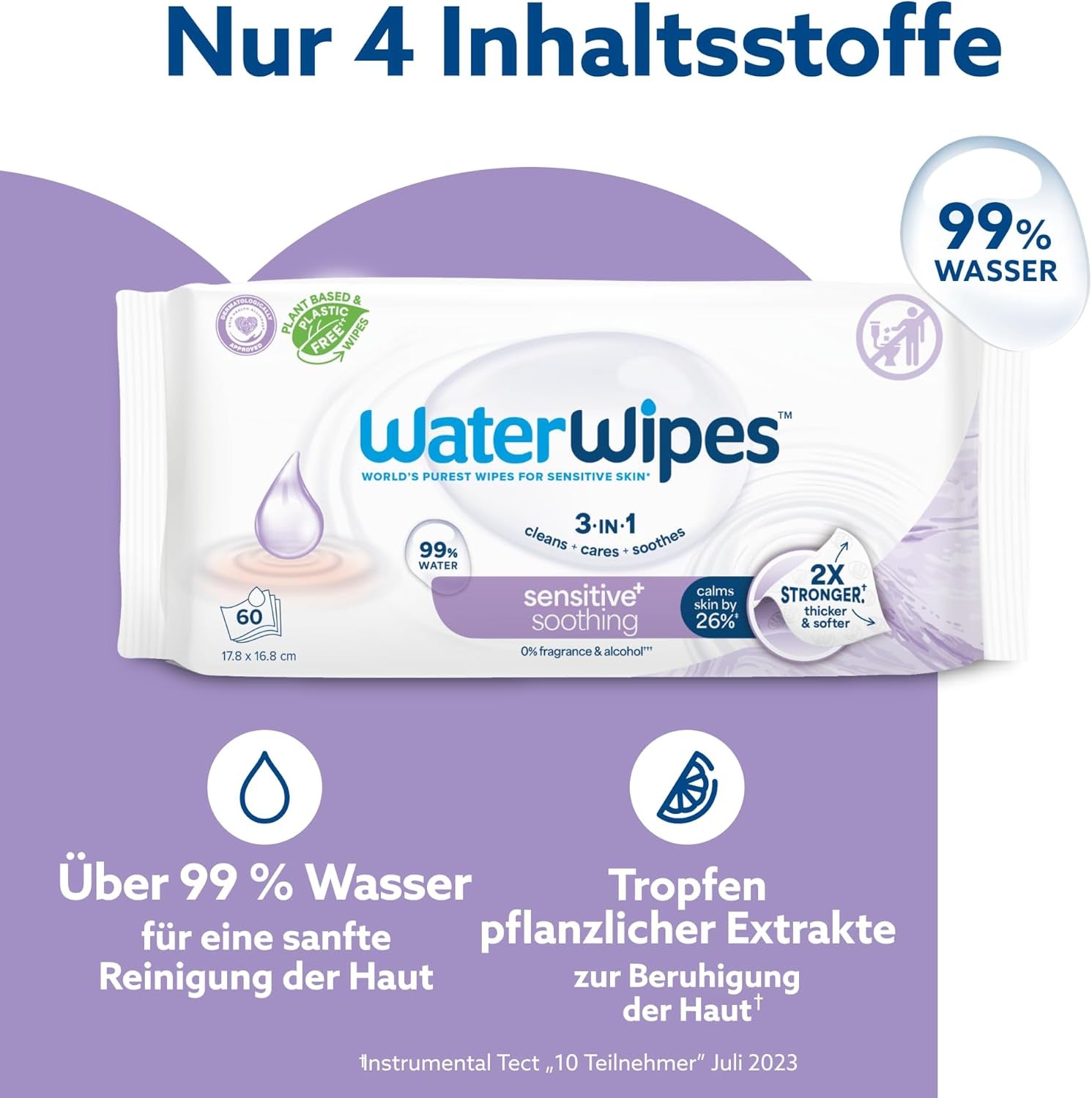 WaterWipes Sensitive+ Soothing Clean Mokre chusteczki, 720 sztuk (12 szt.), 3 w 1 oczyszczające, pielęgnacyjne i łagodzące, 99% wody z ekstraktem roślinnym, bezzapachowe chusteczki nawilżane dla dzieci