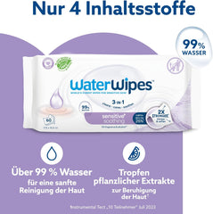 WaterWipes Sensitive+ Soothing Clean 360 szt. (6 szt.) 3 w 1 oczyszczające, pielęgnujące i łagodzące chusteczki dla dzieci 99% wody z ekstraktem roślinnym