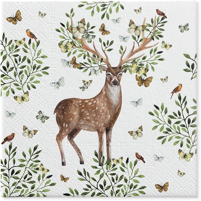 PAW - Șervețele 3 straturi (33 X 33 Cm) I 20 bucăți I Perfect pentru zilele de naștere ale copiilor, petreceri, comuniuni și sărbători I Șervețele de hârtie colorate cu motivul petrecerii I Animale, bucurie, petrecere - coarne de pădure