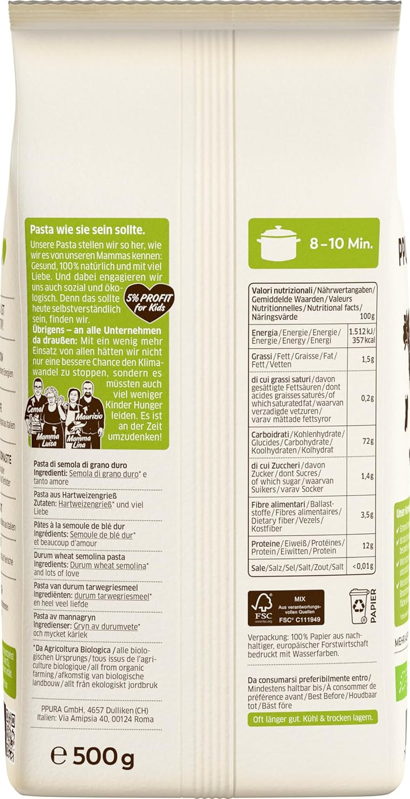 PPURA Paste Penne Organice din Grâu Dur 500g, paste tubulare 100% naturale, Fabricate în Italia - paste italiene fără aditivi, coloranți sau conservanți