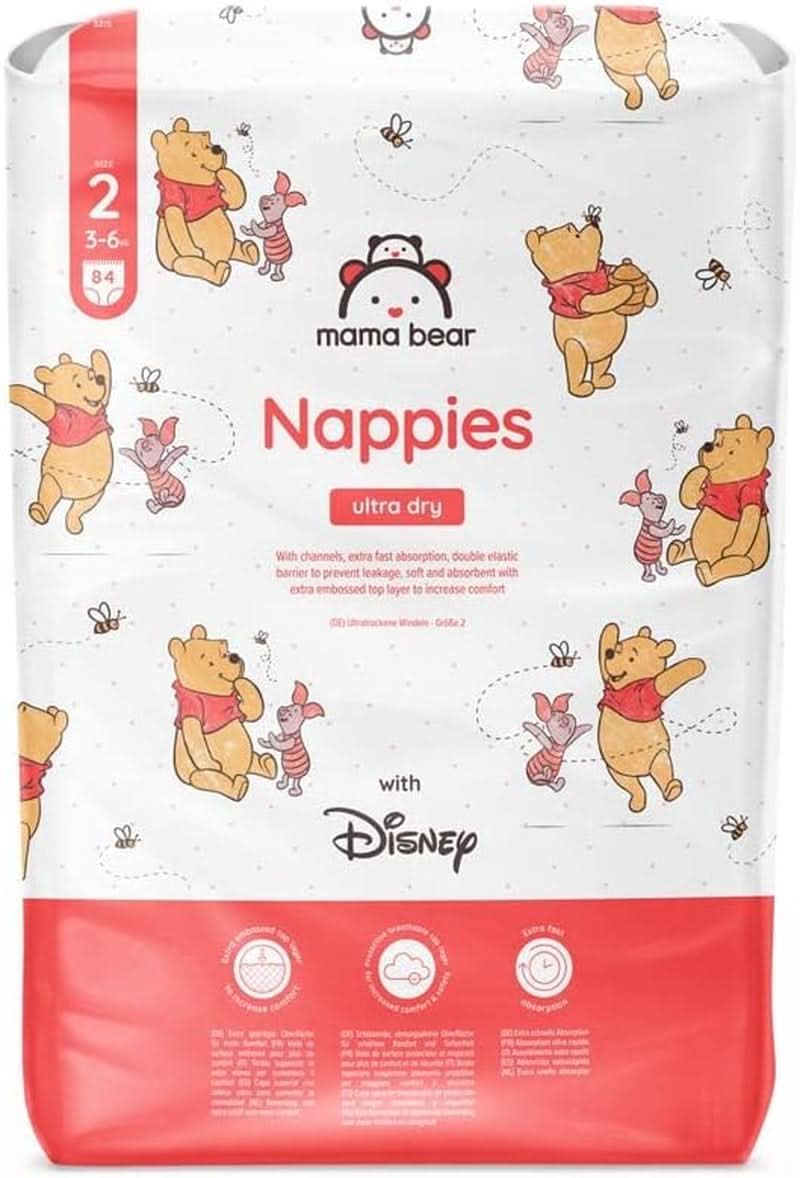 Pieluszki Mama Bear Disney Ultra Dry Rozmiar 4 (8-14kg), Białe, 84 sztuki (1 opakowanie) Naty Shop Rozmiar 2 (3-6kg) Opakowanie pojedyncze