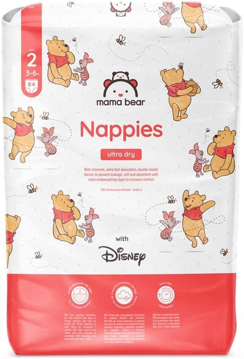 Marka Amazon: pieluszki Mama Bear Disney Ultra Dry, rozmiar 3 (4–9 kg) – pudełko miesięczne, białe, 172 szt. (2 opakowania po 86 szt.)