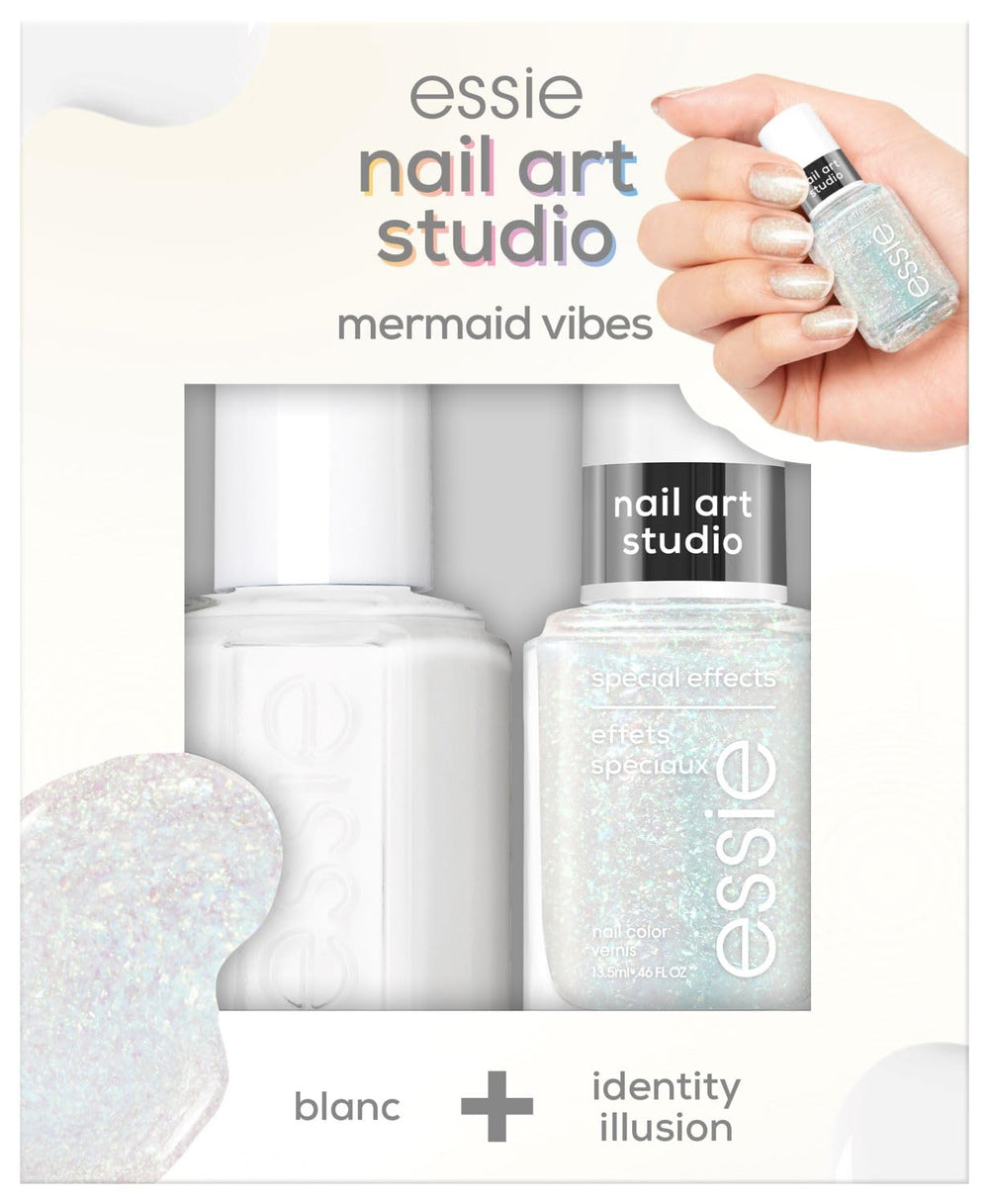 Zestaw Essie Nail Art Studio, lakier do paznokci Mermaid Vibes nr. 1 Blanc, lakier do paznokci Special Effects nr. 7 Iluzja tożsamości