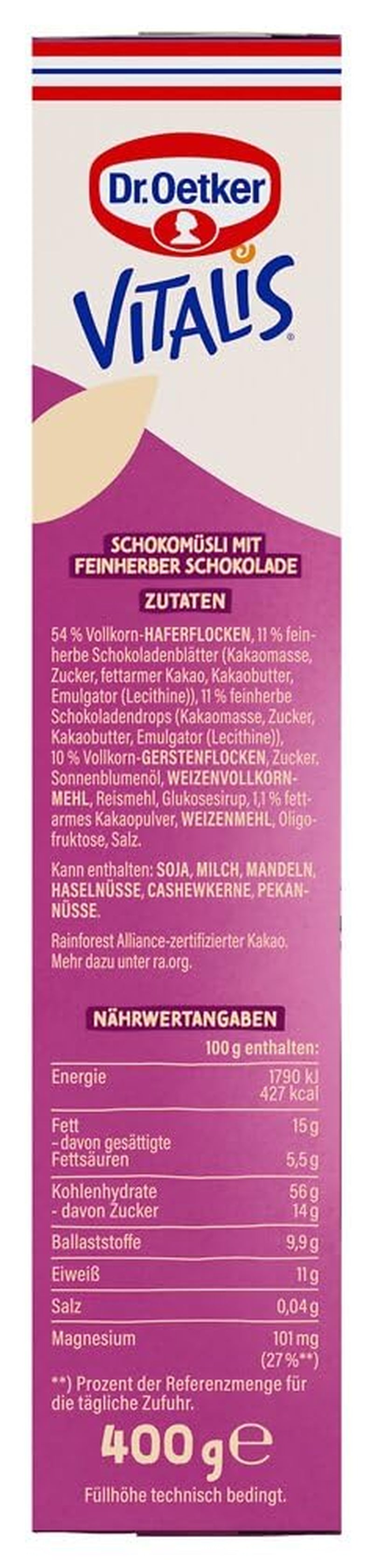 Dr. Oetker Vitalis Muesli z ciemnej czekolady: Muesli śniadaniowe z ciemną czekoladą, opakowanie 6 sztuk (6 x 600 g)