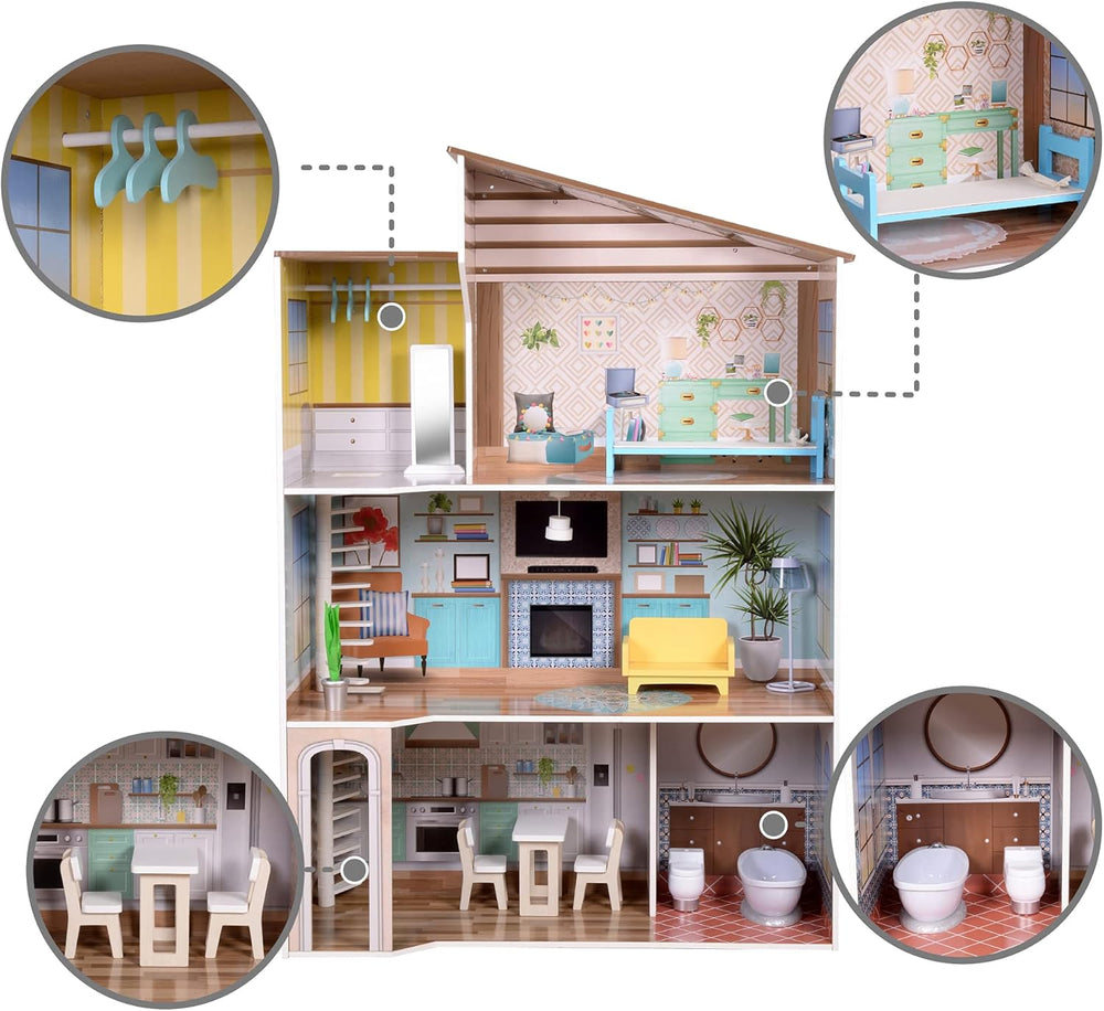 Olivia's Little World, casă de păpuși interactivă din lemn pentru copii, stil mediteranean contemporan, cu 3 etaje, cu 17 accesorii pentru mobilier de păpuși, multicoloră, TD-13551B