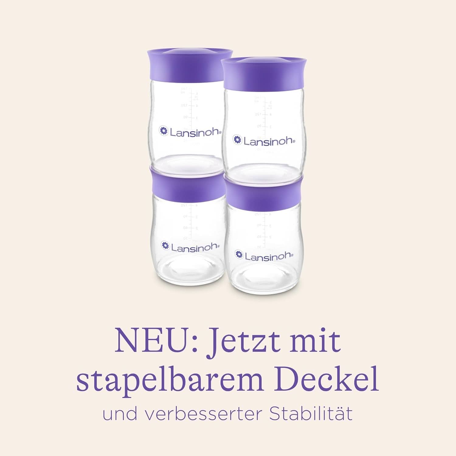 Lansinoh Muttermilchflaschen, 4 X 160 Ml - Zur Sicheren Muttermilch Austellungen - Neues Kompaktes Design Für Verbesserte Stabilität - Mit Stapelbarem Deckel Akcesoria Żywność i karmienie piersią Bebe Naty Shop