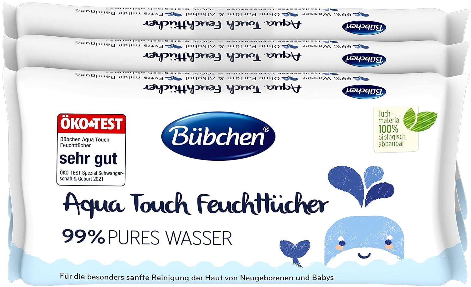 Șervețele umede Bübchen Aqua Touch pentru bebeluși, 144 bucăți (3 x 48) – șervețele pentru îngrijirea pielii sensibile cu 99% apă pură, șervețele umede pentru nou-născuți și bebeluși