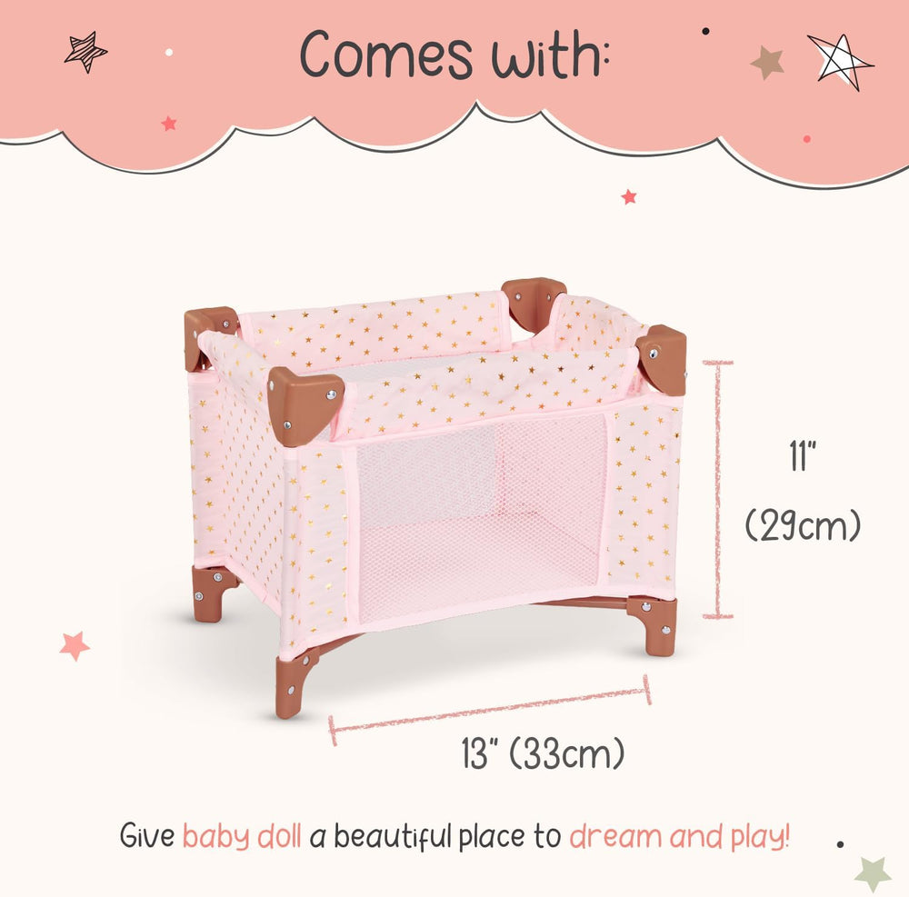 LullaBaby - Baby Puppen Laufstall - Faltbarer Puppen Laufstall in Rosa - Goldener Stern - Druckdesign - 36 cm Baby Puppe Kinderzimmer Zubehör - Vorgetäuschtes Spiel - Spielzeug für Kinder ab 2 Jahren