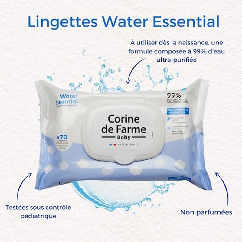 - Șervețele umede Change Water Essential pentru bebeluși x70 - Produs de toaletă din fibre vegetale - Apă ultrapurificată 99% - Igienă de la naștere - Capac resigilabil
