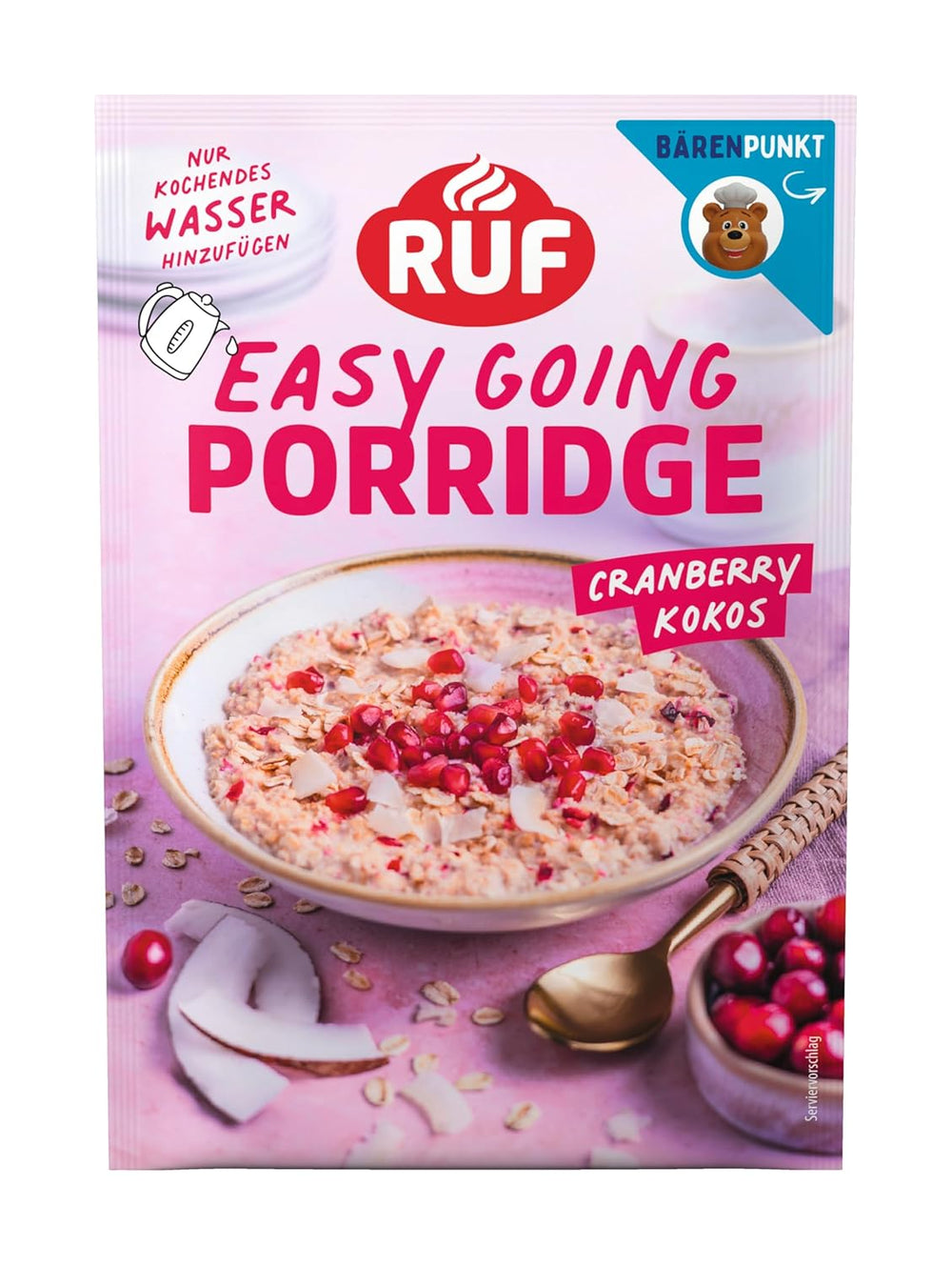 RUF płatki owsiane błyskawiczne z truskawkami i wanilią, letni posiłek z płatkami owsianymi gotowy w 3 minuty, 1 saszetka x 65g