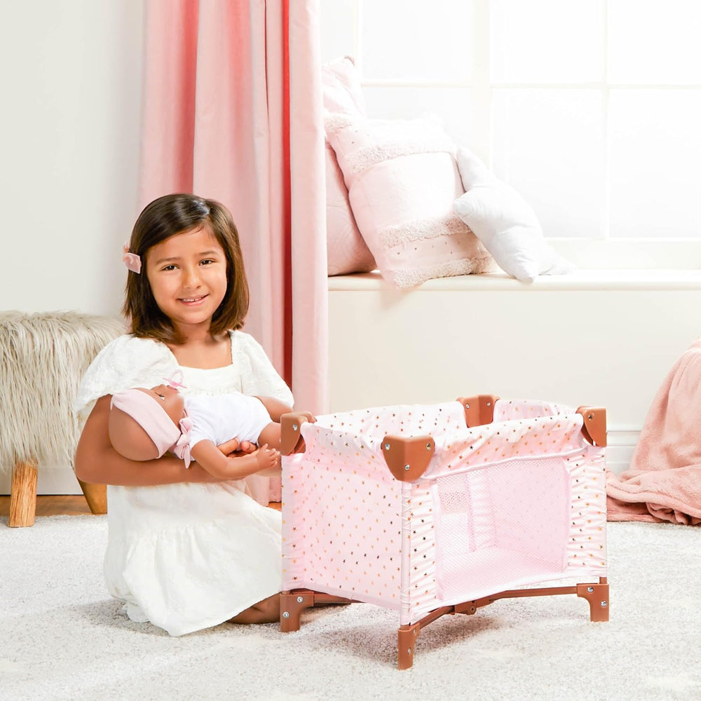 LullaBaby - Baby Puppen Laufstall - Faltbarer Puppen Laufstall in Rosa - Goldener Stern - Druckdesign - 36 cm Baby Puppe Kinderzimmer Zubehör - Vorgetäuschtes Spiel - Spielzeug für Kinder ab 2 Jahren