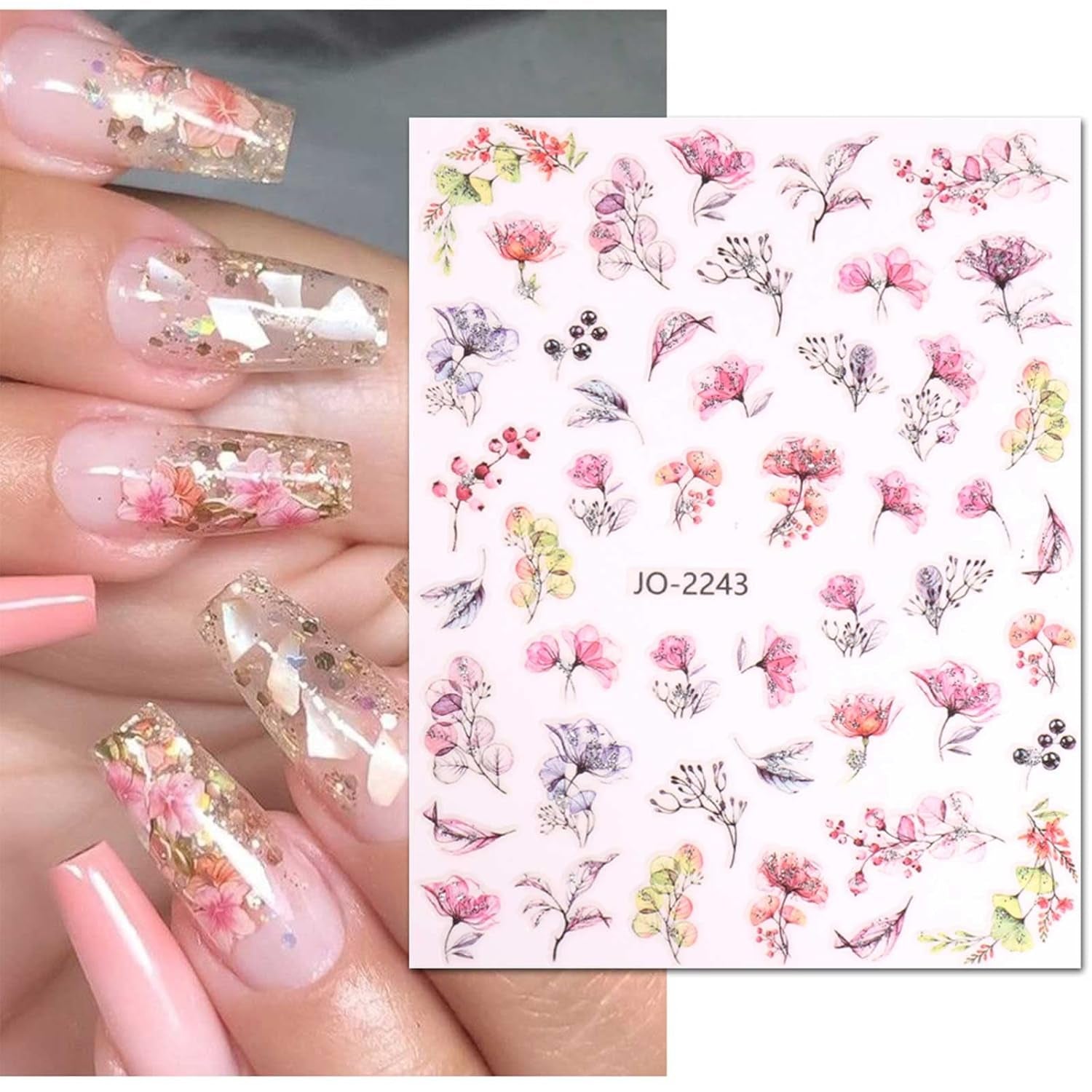 JMEOWIO Nagelsticker Frühling Blume 12 Blatt Nail Art Sticker Selbstklebend Nagelaufkleber Blätter Dekoration Nageldesign Zubehör