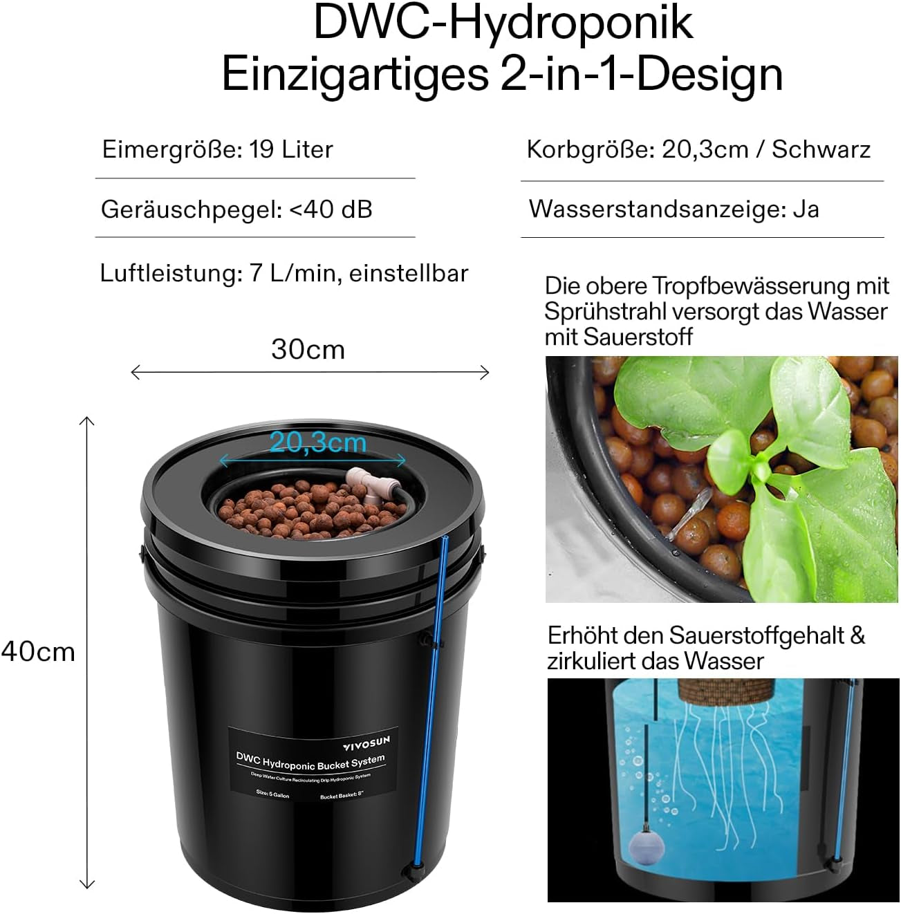 VIVOSUN DWC Hydrokultur Anbausystem z Topf-Dripkit, 5-Gallonen Tiefwasserkultur, Umwälz-Tropfgartensystem z Mehrzweck-Luftschlauch, 8W Luftpumpe und Luftstein (1 wiadro + Top-Drip-Kit)
