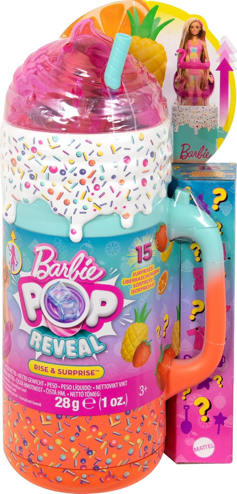 BARBIE Pop Reveal Rise & Surprise Geschenkset - über 15 Überraschungen, inklusive 1 Barbie-Puppe, Strandzubehör, für fruchtig-frechen Spielspaß, für Kinder ab 3 Jahren, HRK57