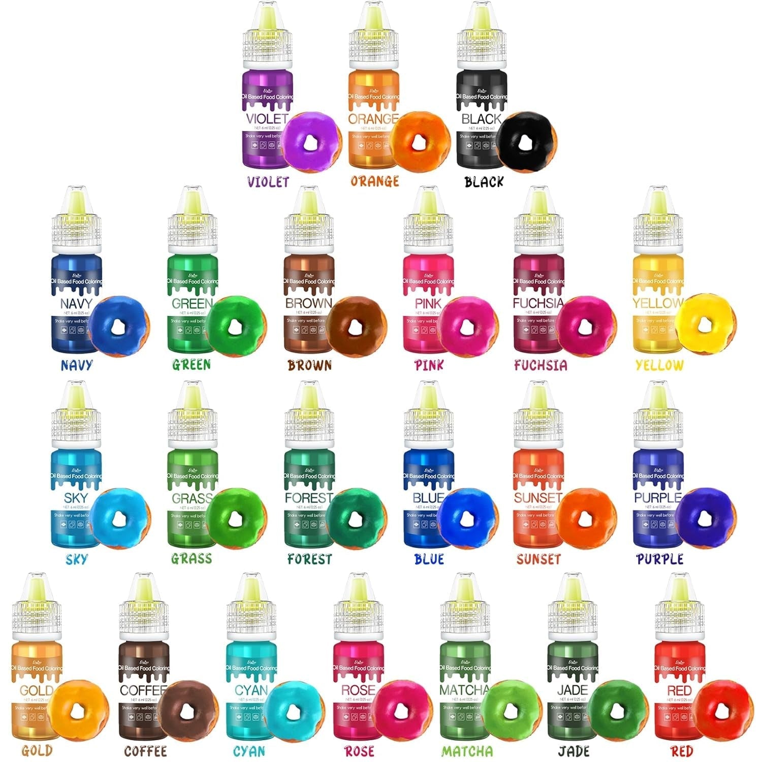 Colorant alimentar liposolubil - 22 de culori colorant alimentar pe bază de ulei pentru ciocolată, dulciuri, prăjituri, copt, macarons - colorant alimentar concentrat pentru decorarea torturilor, cremă de unt, fondant - 6 ml fiecare