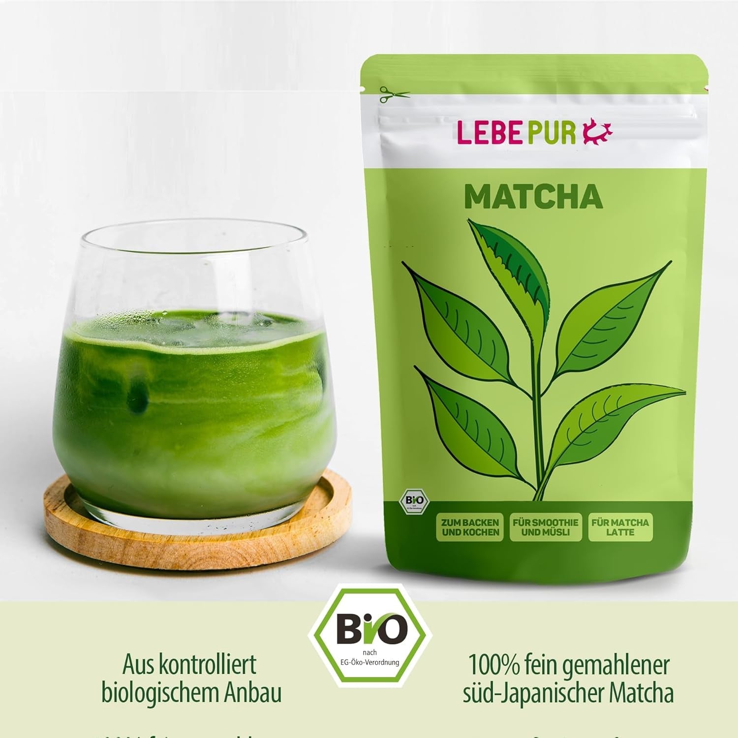Lebepur BIO Matcha Pulbere 100G - Calitate premium din Japonia Fără aditivi - 100% pulbere de ceai verde pură pentru Matcha Latte, ceai Matcha, ceai verde, smoothie - Ceai verde japonez