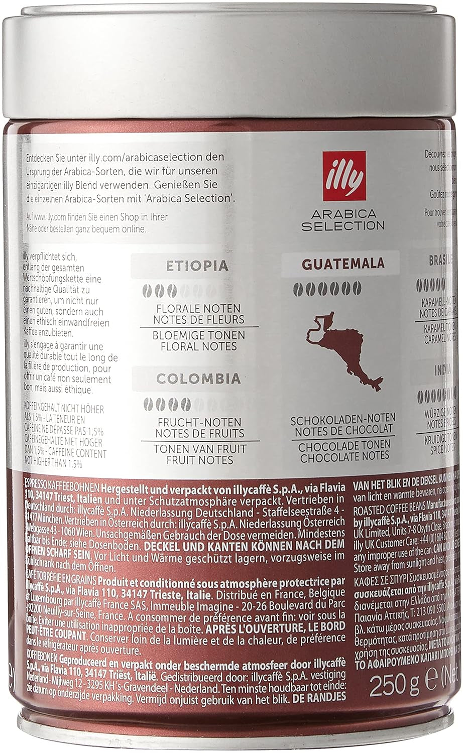 boabe de cafea illy, selecție de boabe de cafea Arabica, Guatemala, pachet de 6 (6 x 250 g)