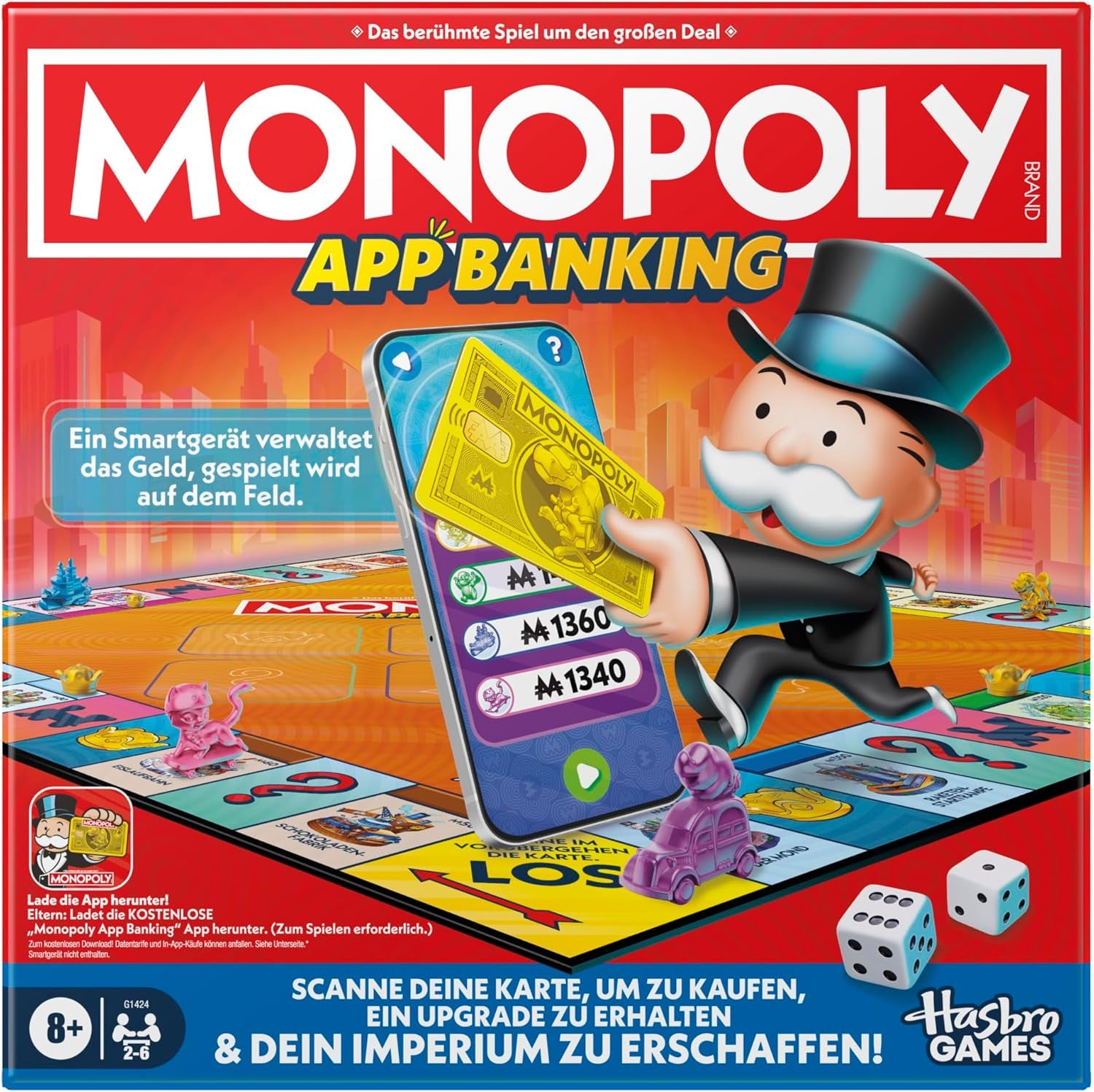 Aplikacja Monopoly Board Game Banking - wersja niemiecka, nowoczesna wersja klasycznej gry elektronicznej dla dzieci w wieku od 8 lat, dla 2 do 6 graczy