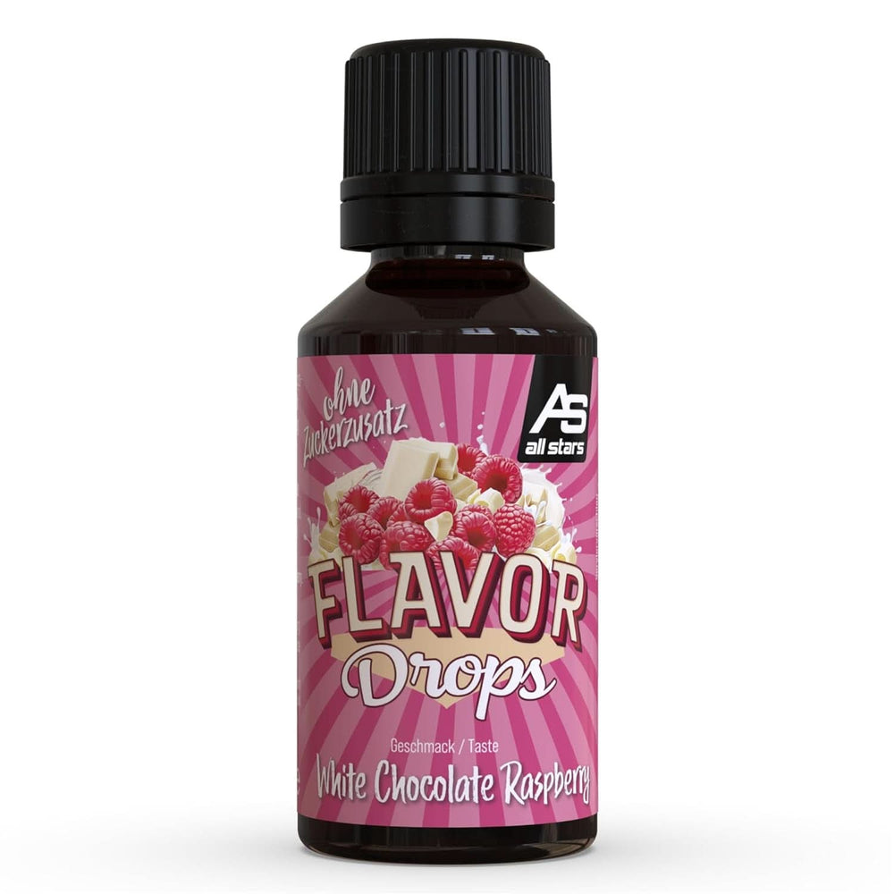 ALL STARS Flavour Drops, Krople smakowe bez dodatku cukru i bez kalorii - Słodycz i aromat do potraw, 30 ml Słodziki Naty Shop Biała czekolada z maliną 30 ml